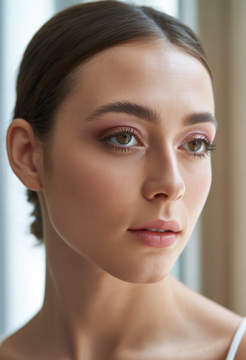 Close-up of a woman with soft brown eyeshadow on her eyelids and natural makeup.