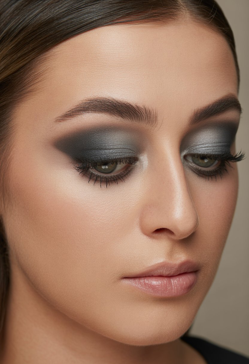 Close-up of a woman's eyes with dark smokey eye makeup in charcoal and black shades.