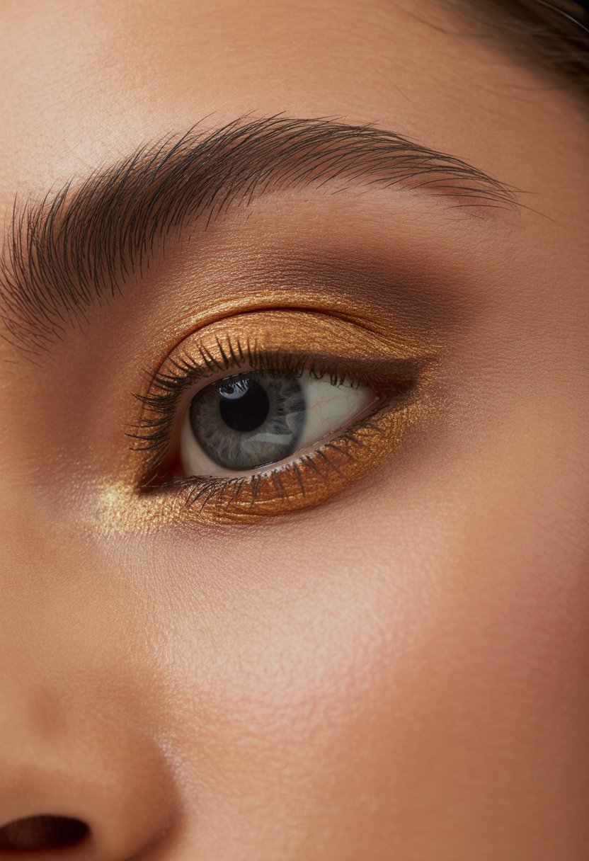 Close-up of a woman's eye with warm bronze shimmer eyeshadow and defined eyelashes.