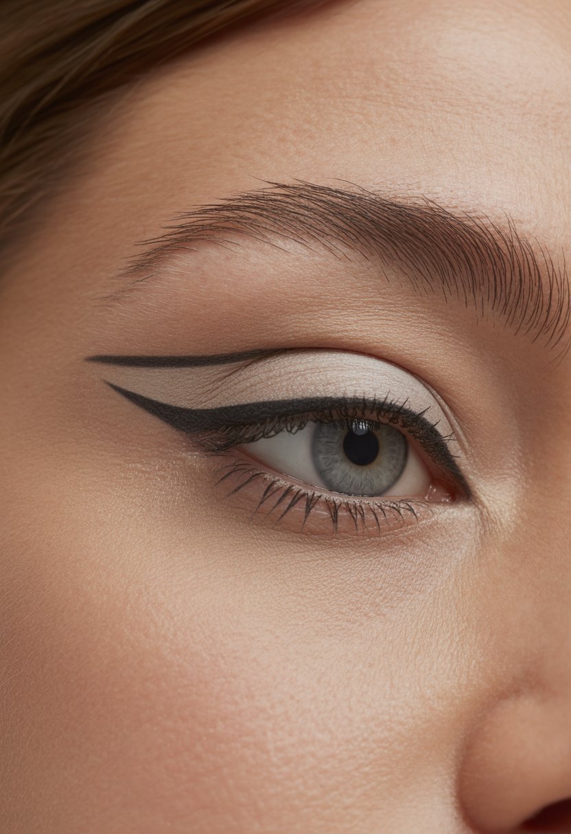 Close-up of a woman's eye with thin winged eyeliner and nude eyeshadow.