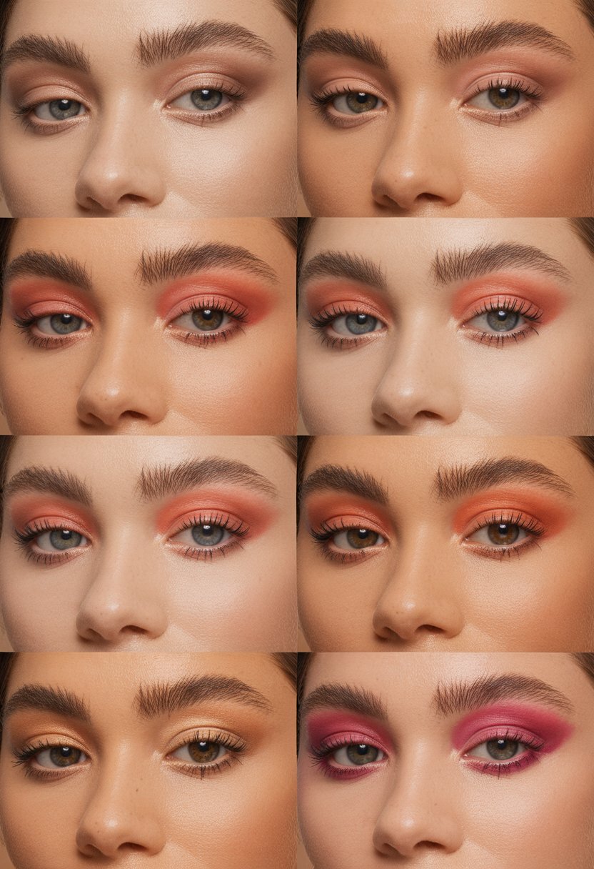 Close-up of a woman's face showing nine different peach eyeshadow and blush makeup styles.