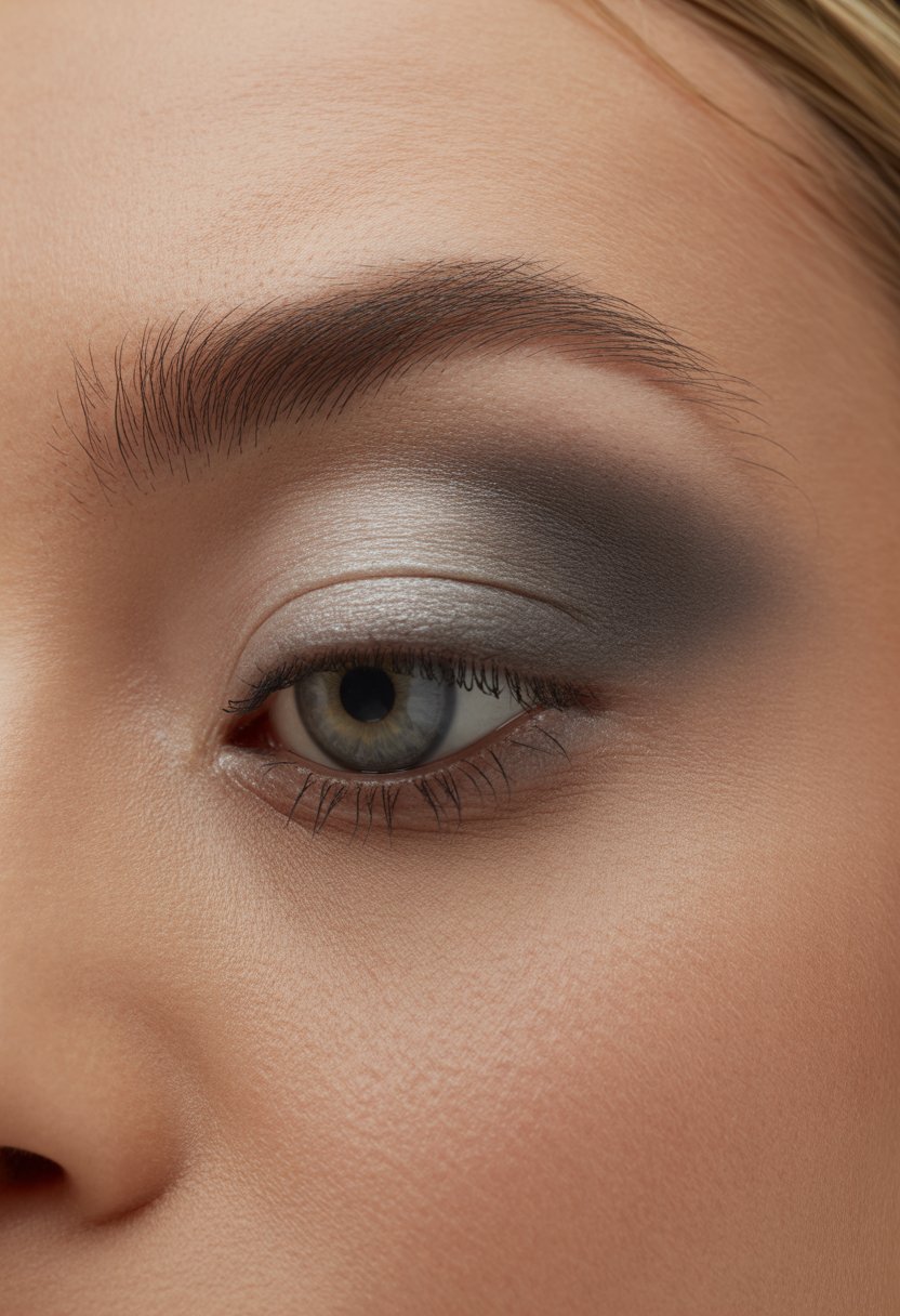 Close-up of a woman's eye with gradient taupe eye makeup transitioning from light to dark.