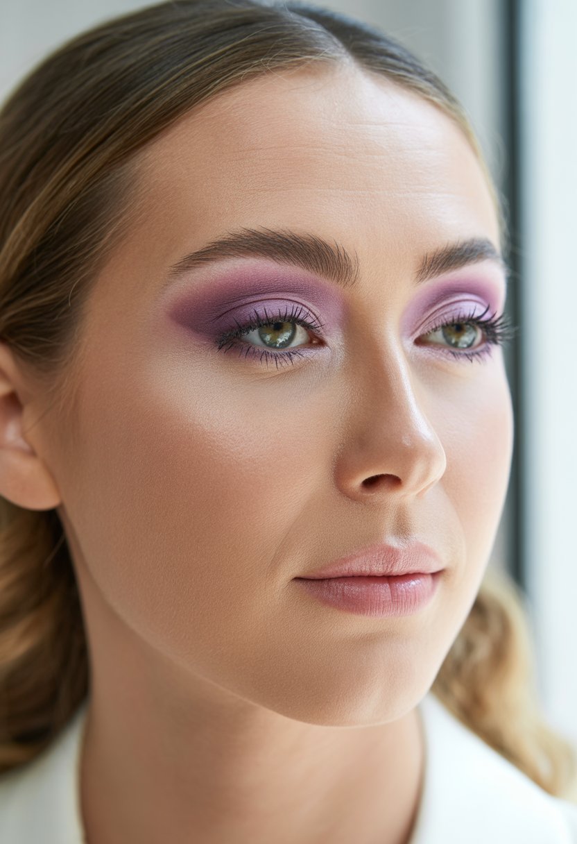 Close-up of a woman with matte mauve eyeshadow on her eyelids, looking confidently at the camera.