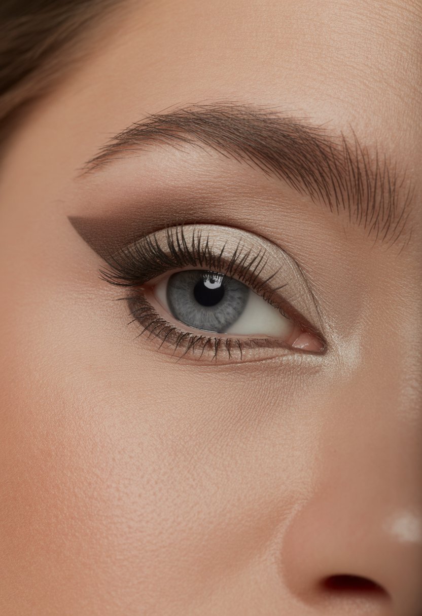 Close-up of a woman's eye with neutral-toned cut crease eye makeup and long eyelashes.