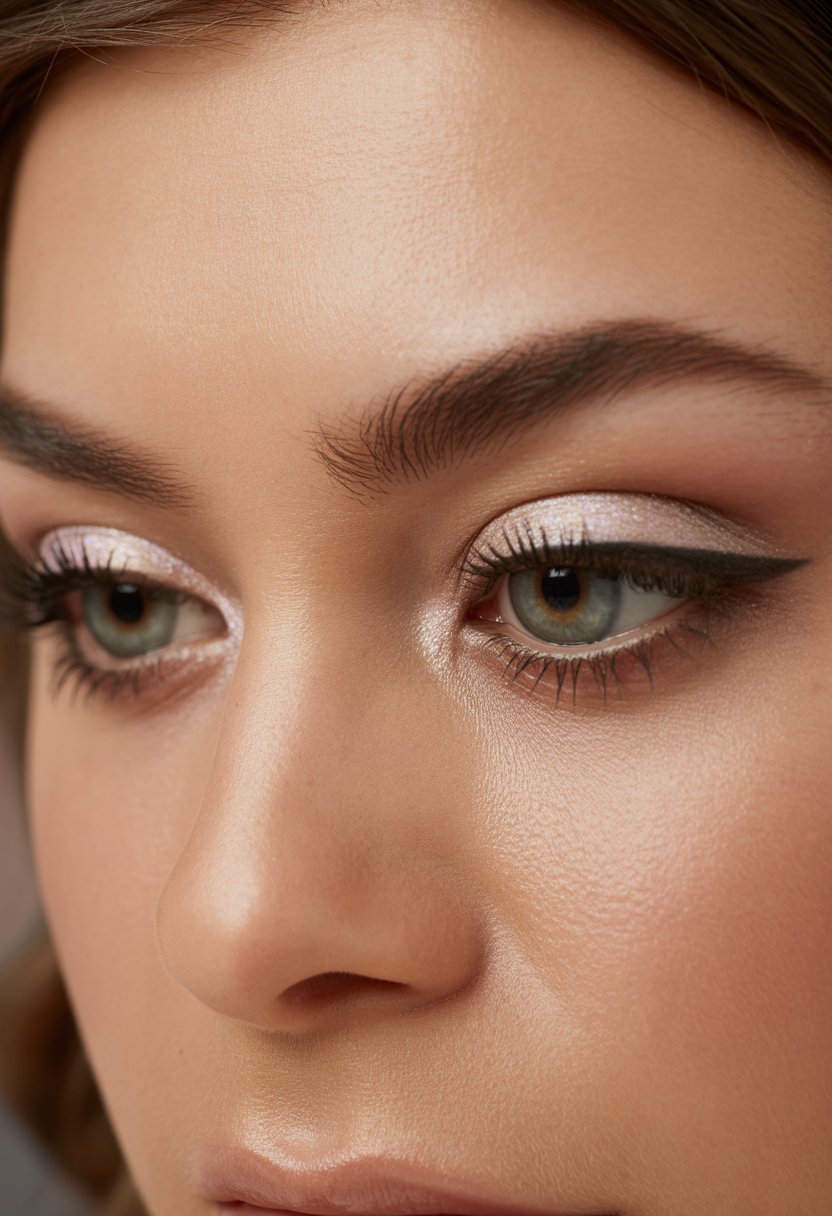 Close-up of a woman's eyes with soft shimmer highlight on the inner corners and well-applied eye makeup.