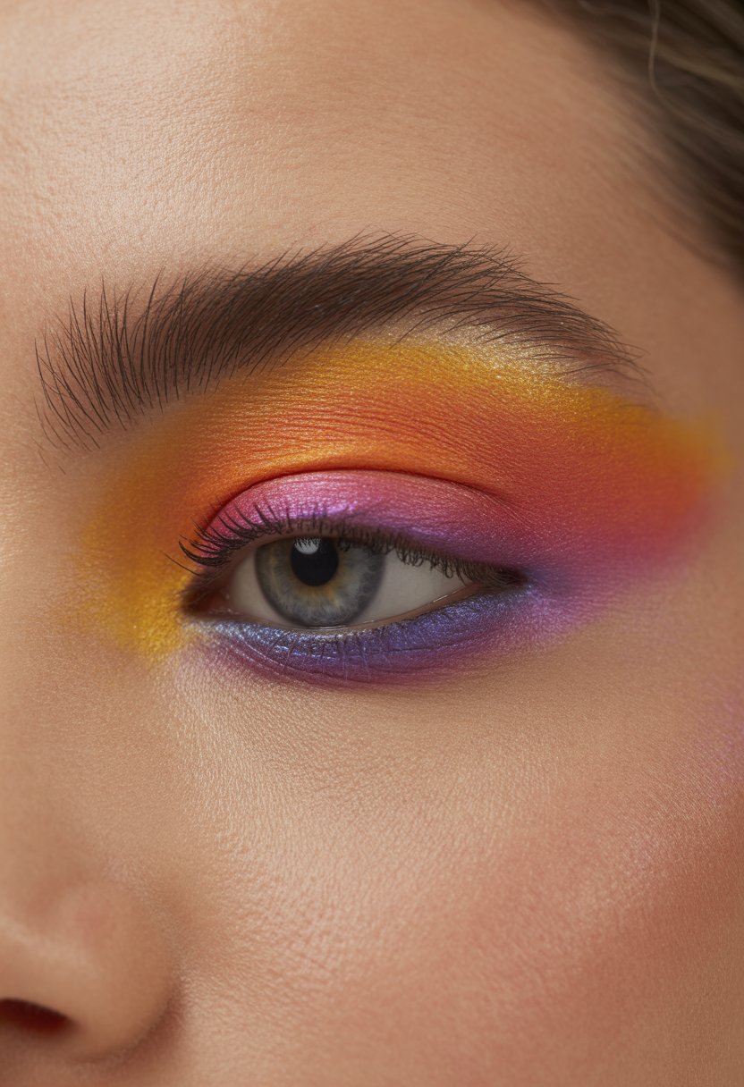 Close-up of a woman's eye with colorful sunset gradient eyeshadow in shades of orange, pink, purple, and gold.
