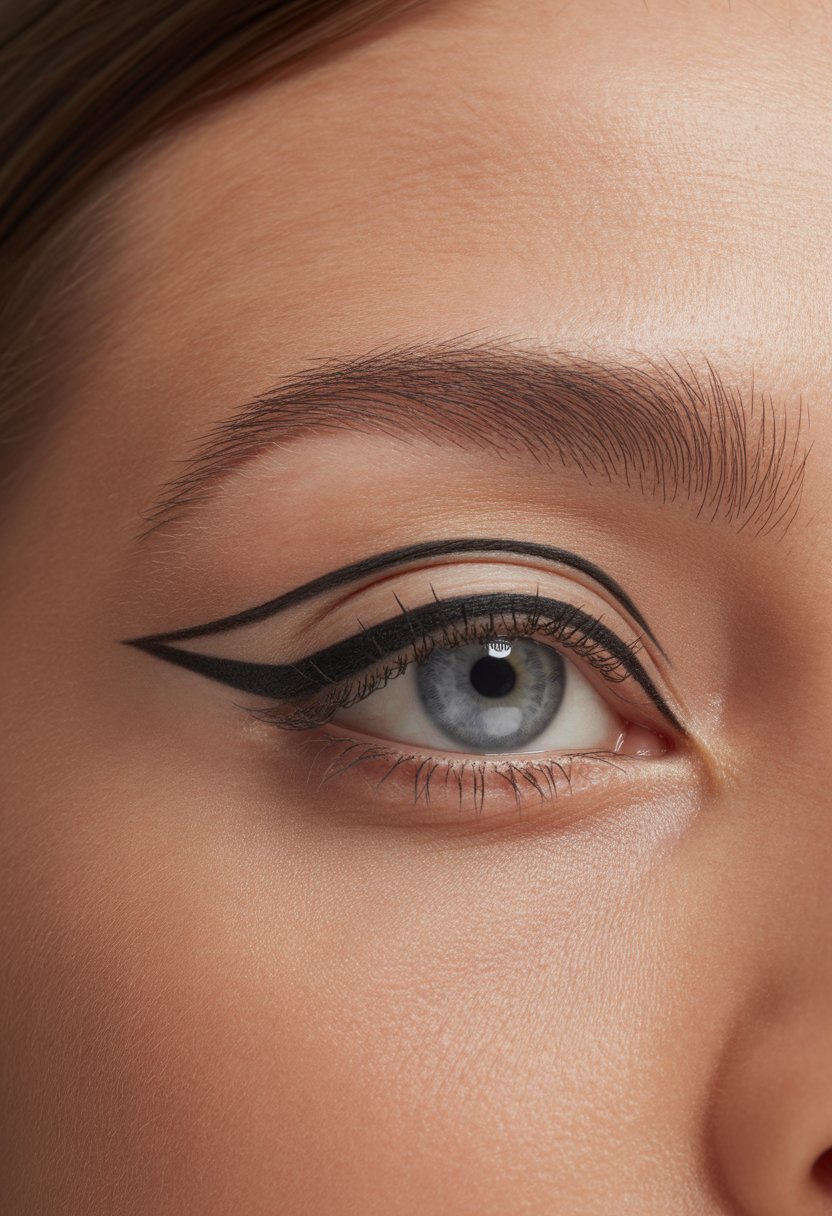 Close-up of a female eye with floating eyeliner drawn above the eyelid crease.