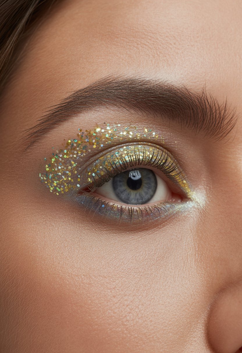 Close-up of a woman's eye with glittery cut crease eye makeup and long eyelashes.