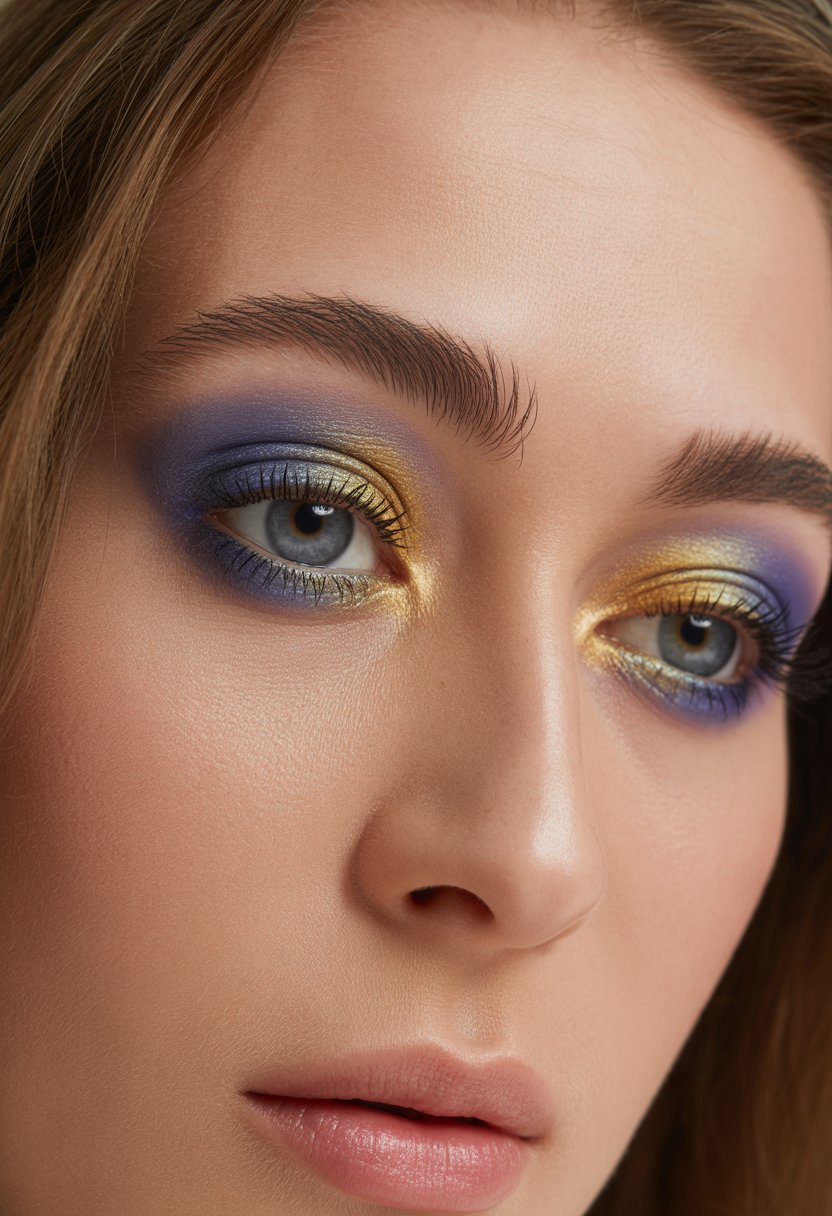 Close-up of a woman's eyes with dual-tone metallic eyeshadow in gold and bronze shades.