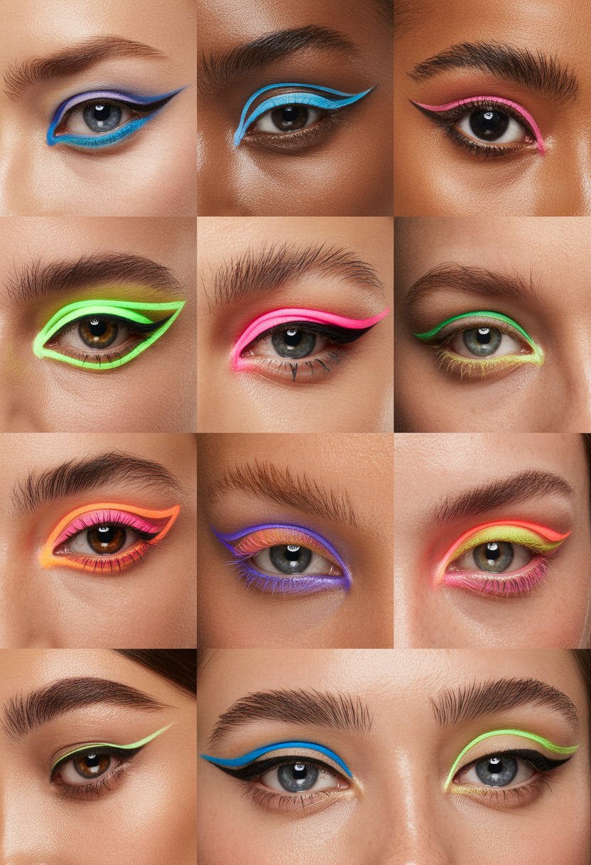 Close-up images of twelve eyes each with different neon colored eyeliner designs.
