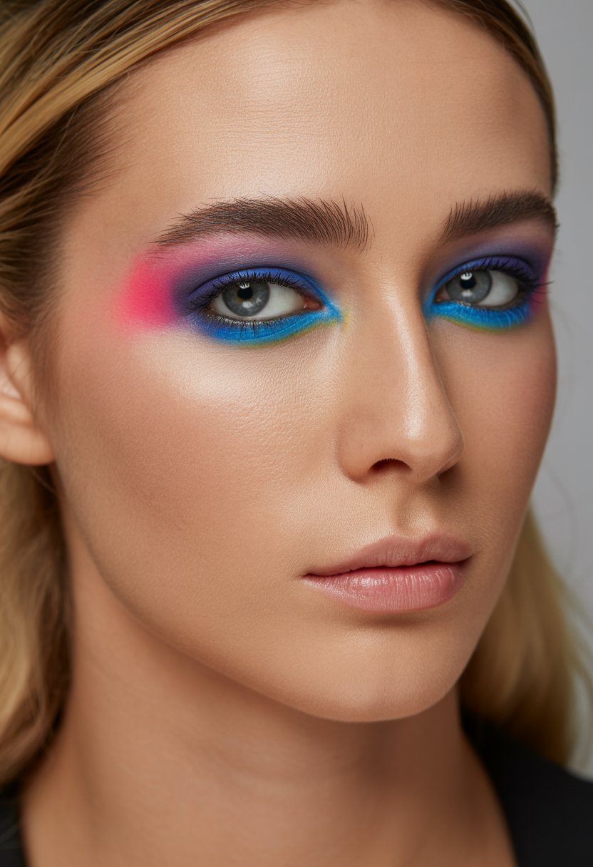 Close-up of a woman with dark smokey eye makeup and a bright pop of color on her eyelids.