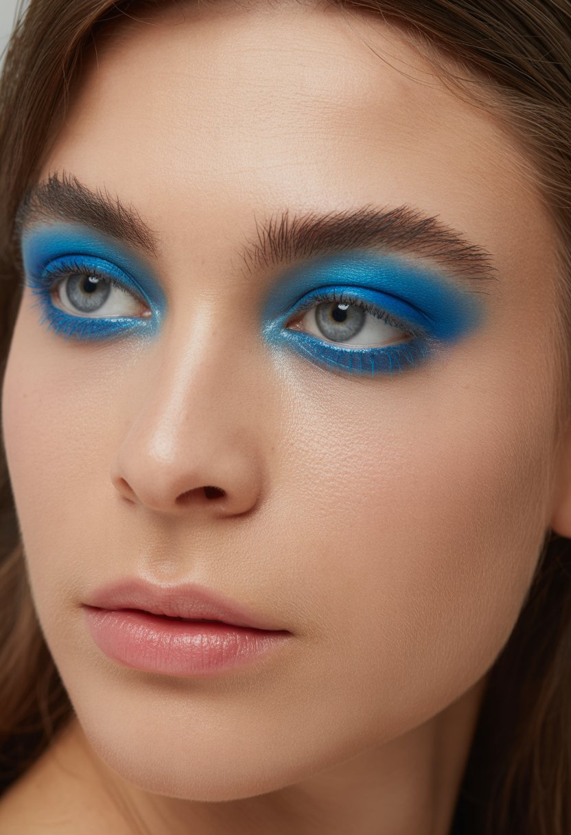 Close-up of a woman with bold monochrome eyeshadow applied on her eyelids.