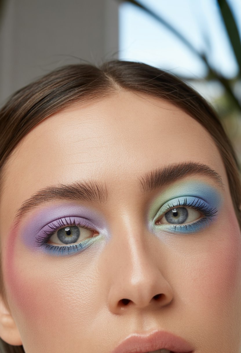 Close-up of a woman's eyes with soft pastel eyeshadow blended in pink, lavender, blue, and green shades.