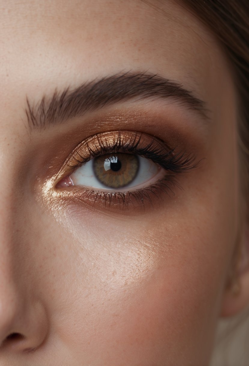 Close-up of a woman's brown eyes with warm bronze eyeshadow applied on her eyelids.