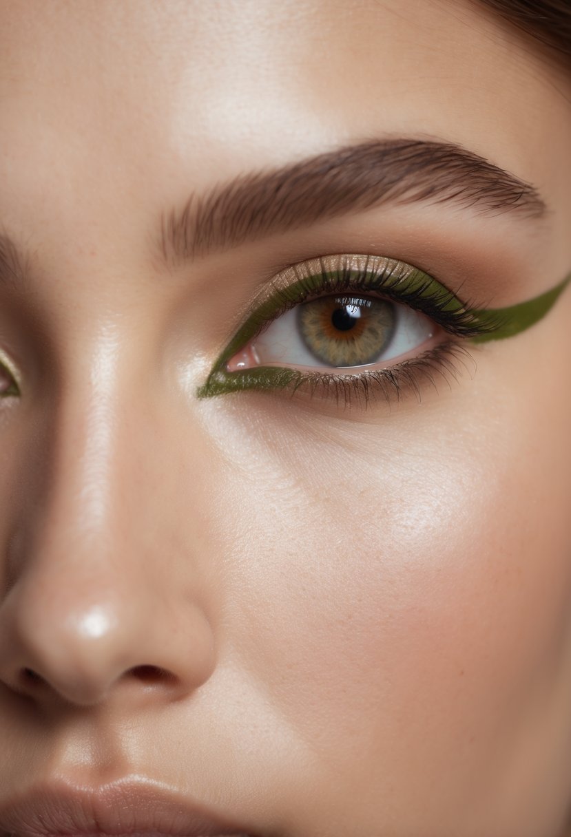 Close-up of brown eyes with olive green eyeliner applied along the upper lash line.