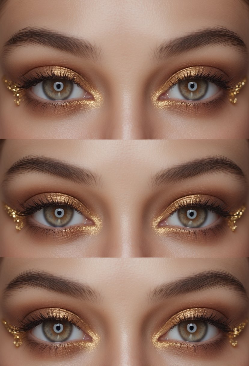 Close-up of a woman's brown eyes with gold shimmer on the inner corners, displaying six different eye makeup styles.