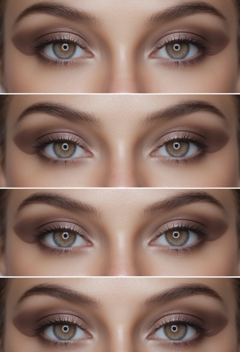 Close-up of a woman’s eyes showing six different matte taupe eye makeup looks on brown eyes.