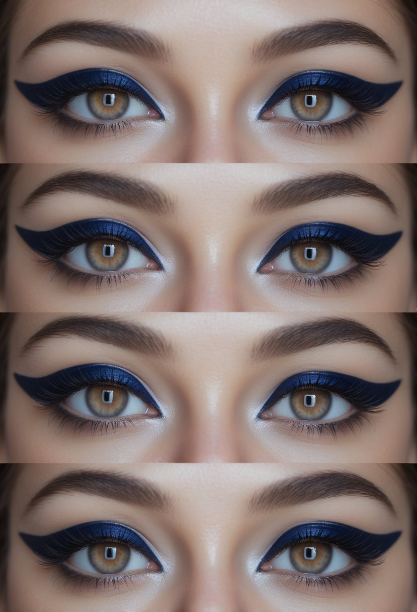 Close-up of brown eyes with six different bold navy blue eyeliner styles on a woman's face.