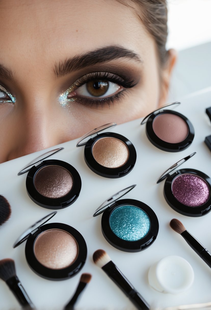 Close-up of a woman's brown eyes showing six different eye makeup styles with makeup tools arranged nearby.