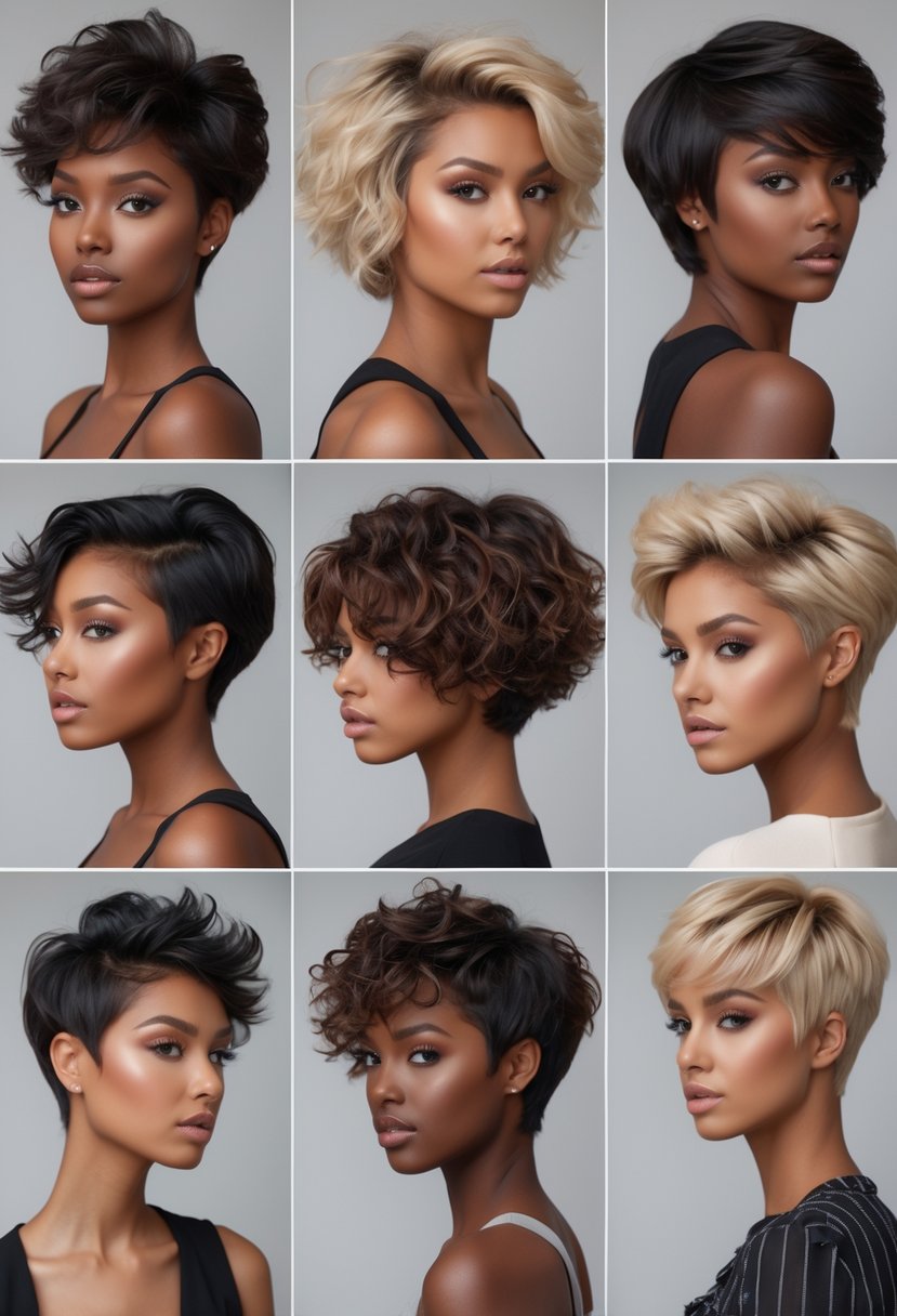 Seven women with thick hair showing different short hairstyles against a plain background.