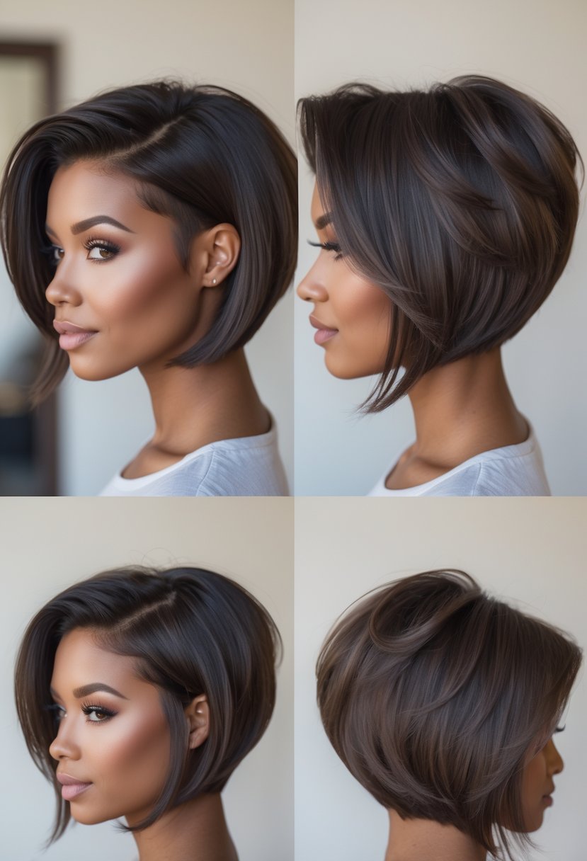 A woman with thick hair styled in a short angled bob haircut with layers, shown from multiple angles against a plain background.
