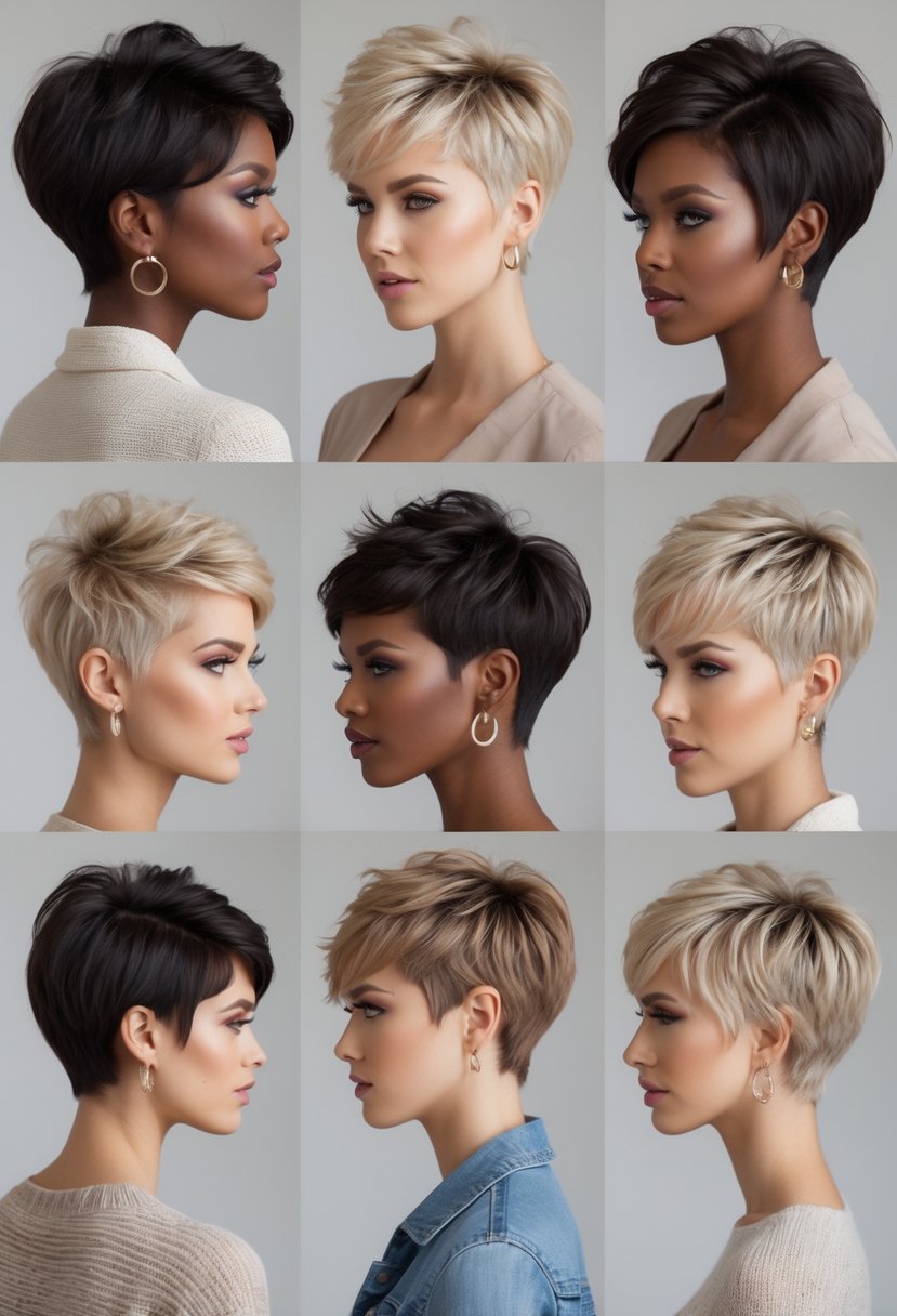 Seven women with different short textured pixie haircuts posing in a studio with a neutral background.