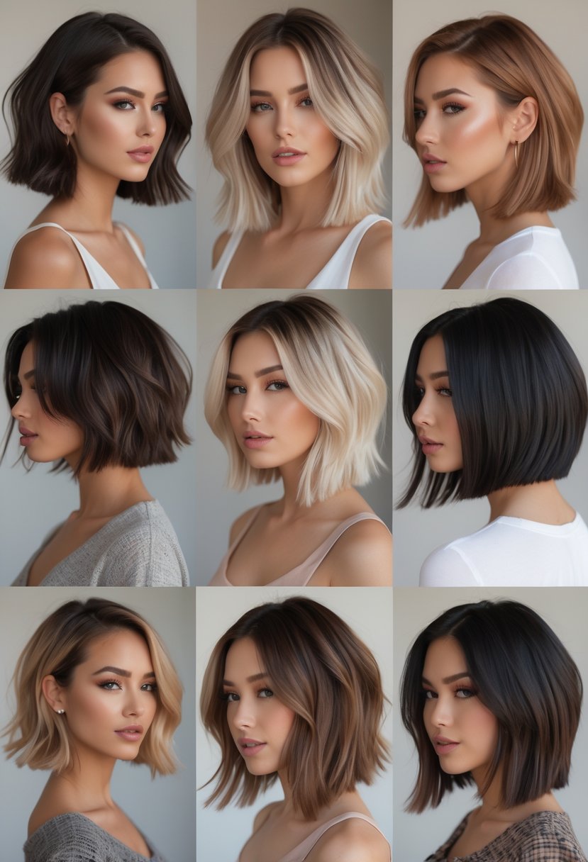 Seven women with different short layered long bob haircuts for thick hair, standing against a plain background.