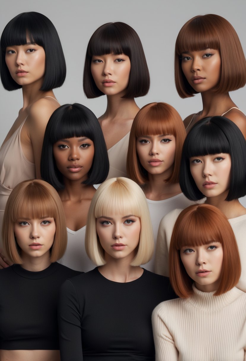 Seven women with blunt bob haircuts featuring thick ends, posing in a studio with neutral background.