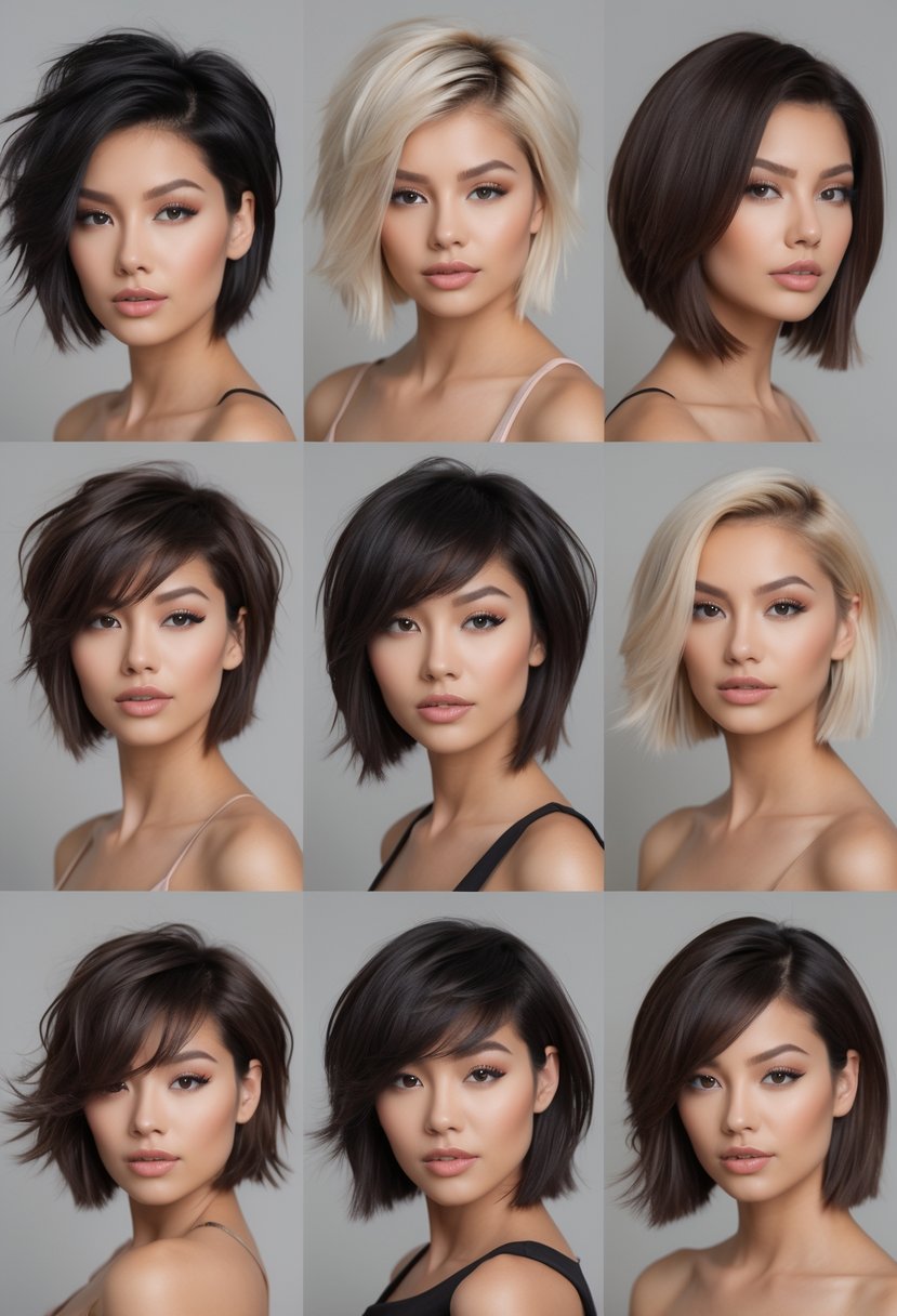 Seven women with different short bob haircuts styled for thick hair, standing against a plain background.