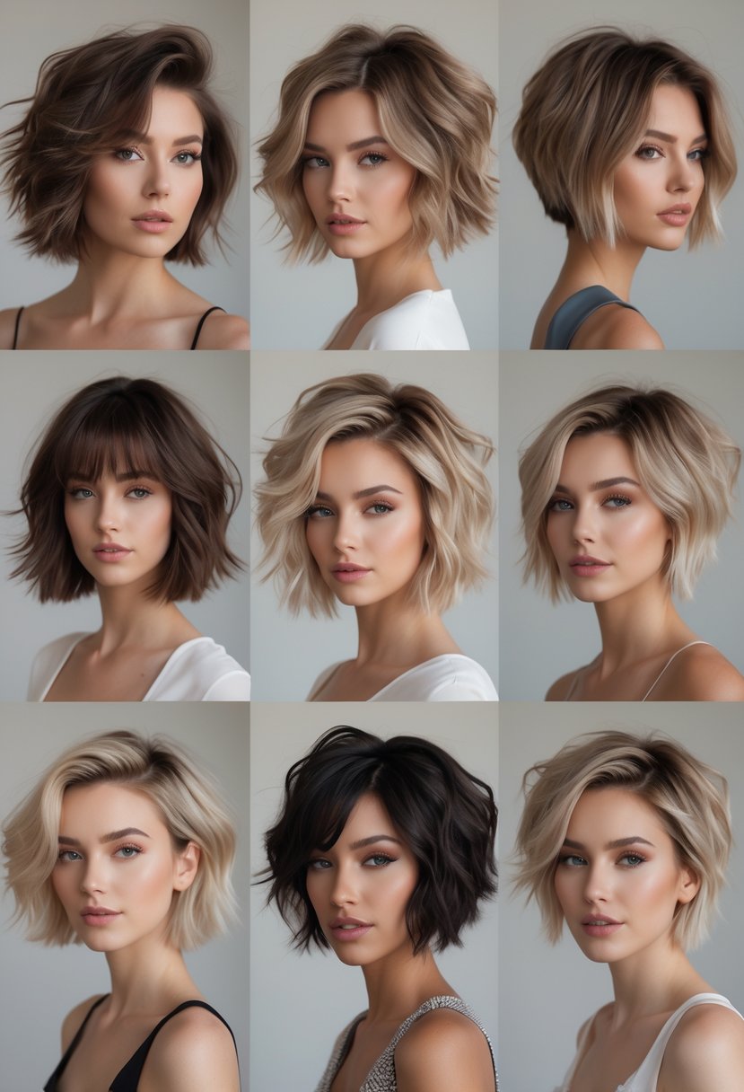 Seven women with short layered haircuts styled in undone waves, posing in a studio setting.
