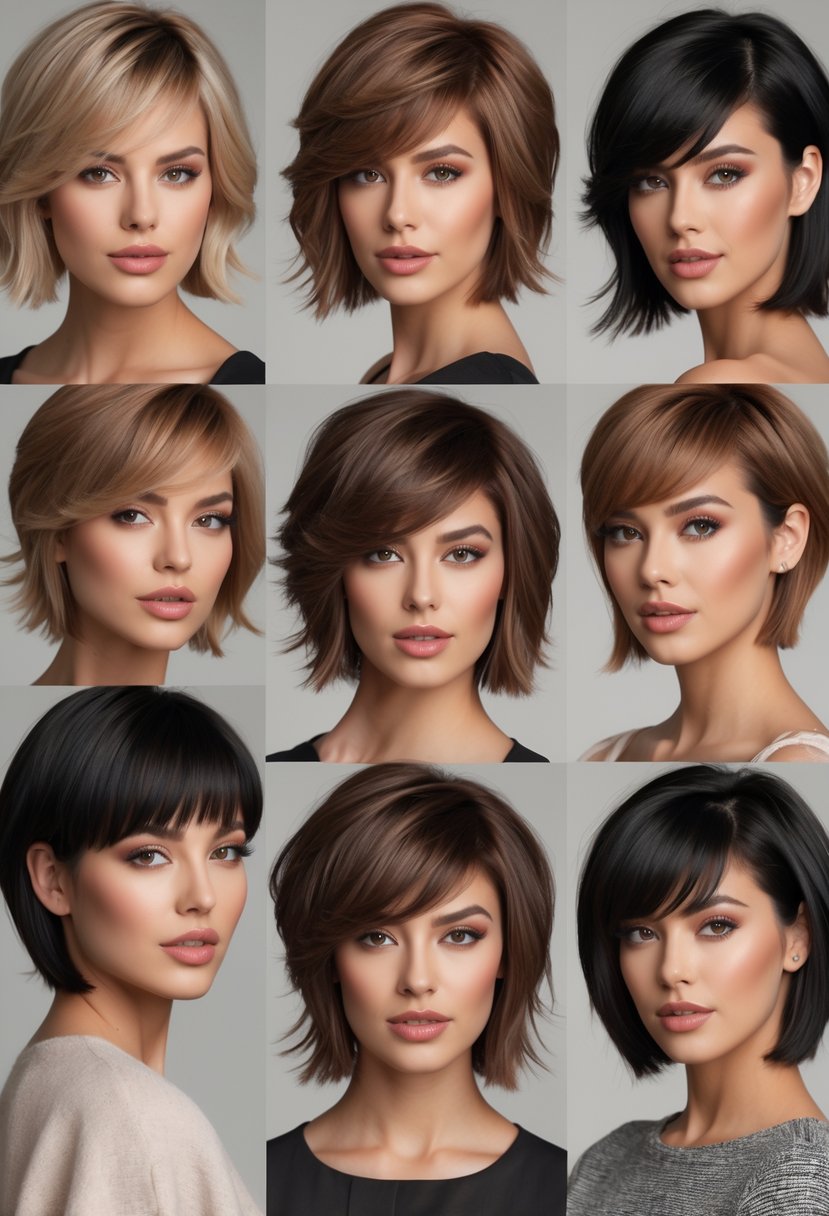Seven women with different short haircuts featuring side-swept bangs, posing together in a studio setting.