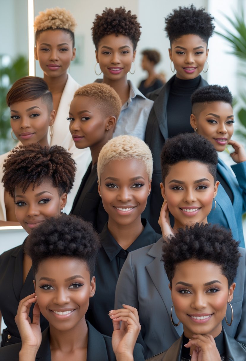 Seven people with thick hair showing different short haircuts in a bright salon, smiling and touching their hair.