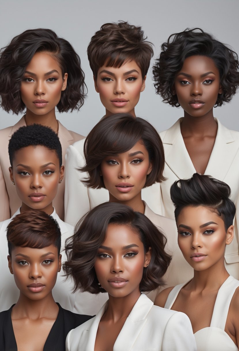 Seven women with different short haircuts posing together in a studio with a neutral background.