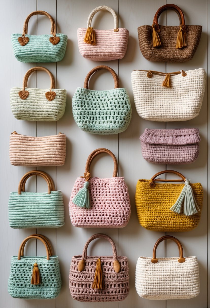 A collection of ten crochet handbags in various colors and styles arranged on a wooden surface.