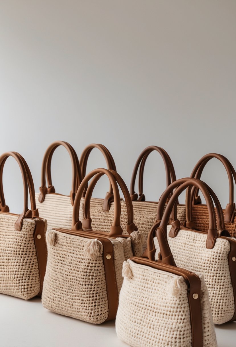 Ten crochet handbags with leather tops arranged on a neutral background.