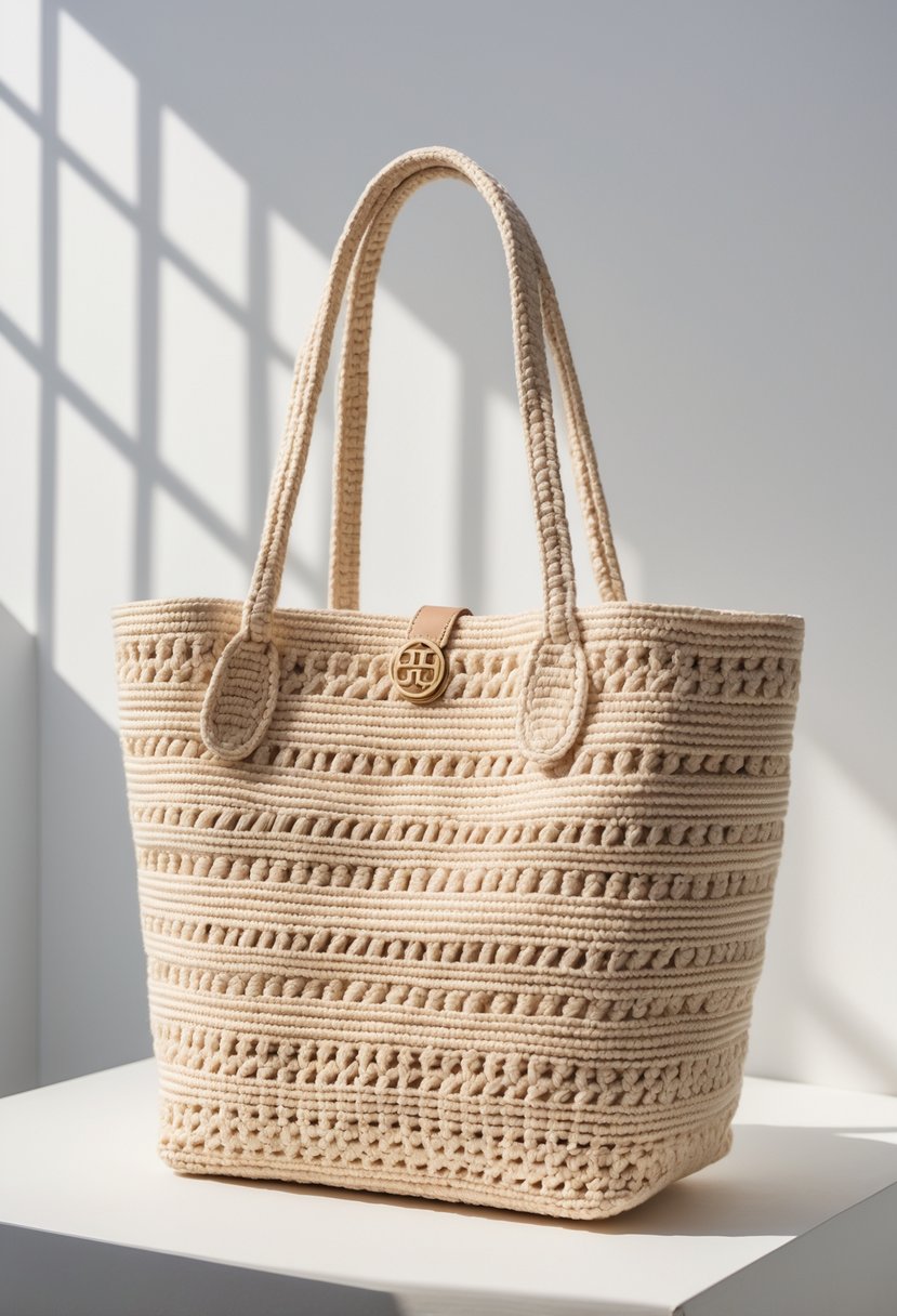 Close-up of a small hand-crocheted tote bag displayed on a white background.
