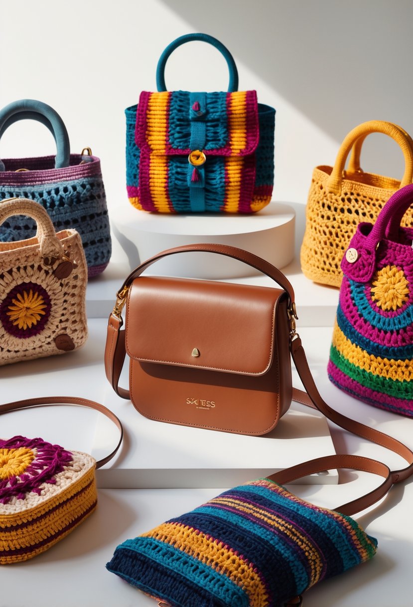 A leather sling bag surrounded by several colorful crochet handbags displayed on a neutral background.