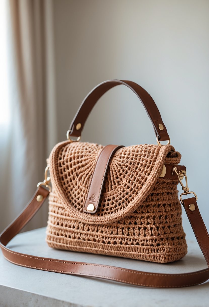 A crochet crossbody bag with a leather strap displayed on a neutral surface with soft lighting.