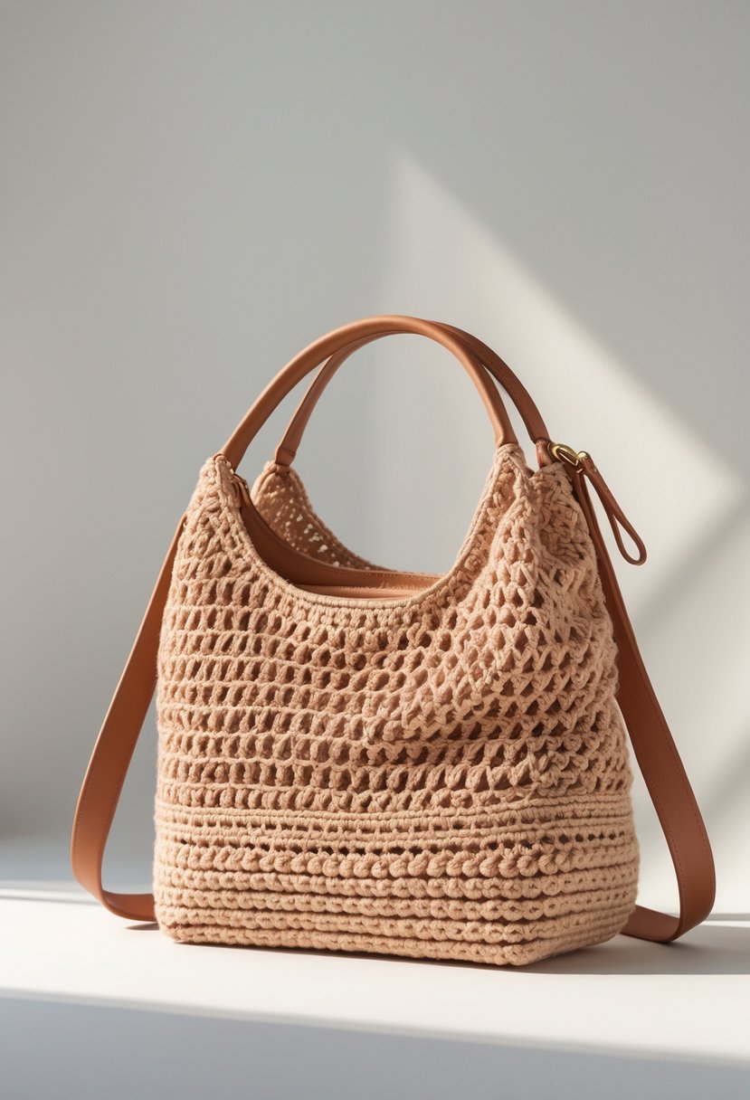 A close-up of a crochet crossbody bag displayed on a plain background.