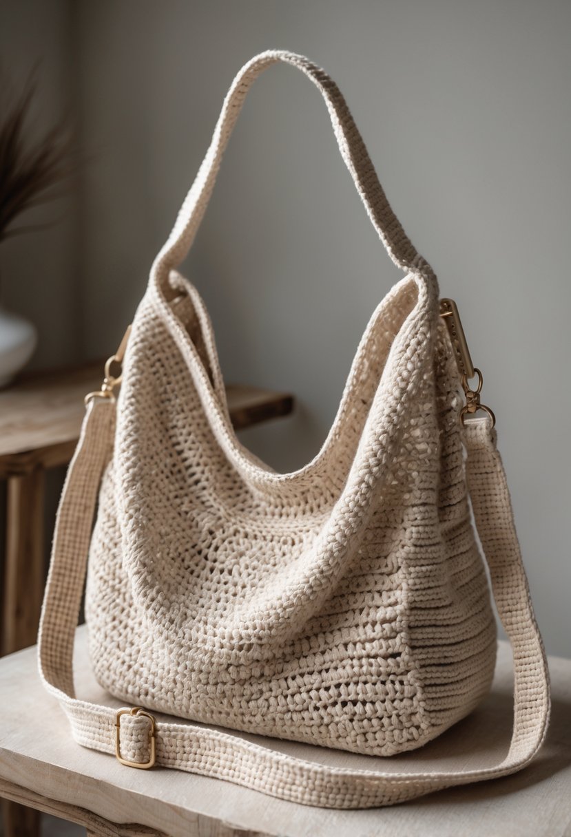 A crochet crossbody hobo purse made of cotton displayed on a wooden surface with soft natural lighting.