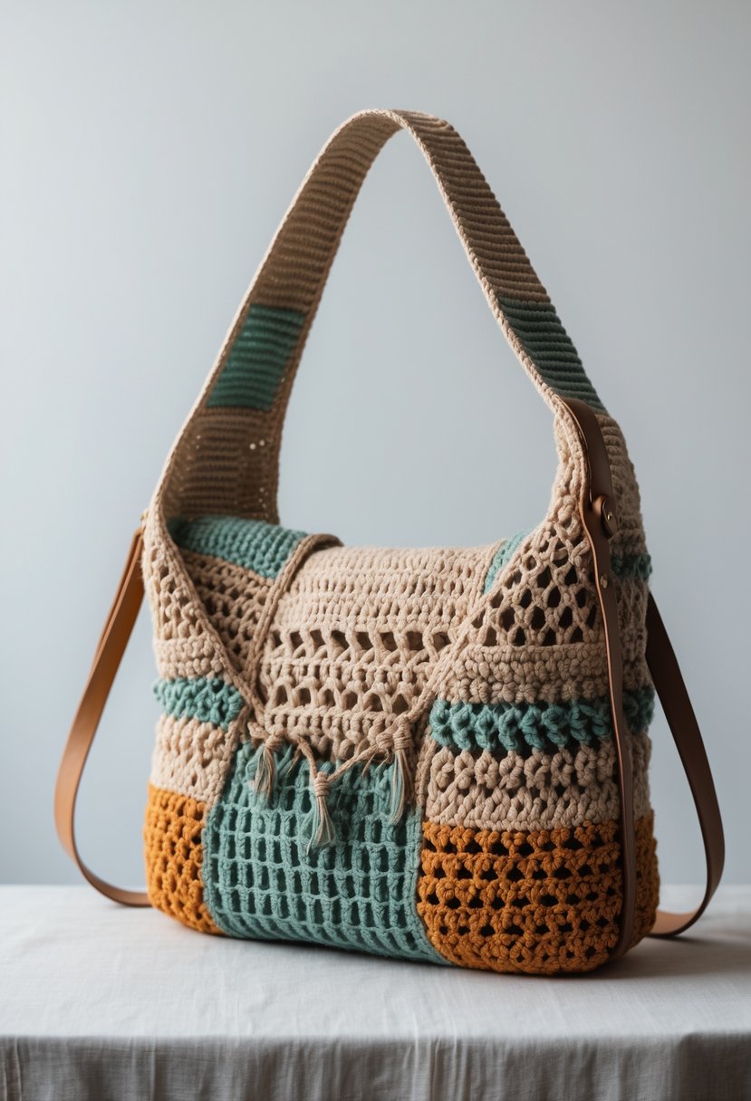 A handmade cotton knitted shoulder bag with detailed crochet patterns displayed on a plain background.