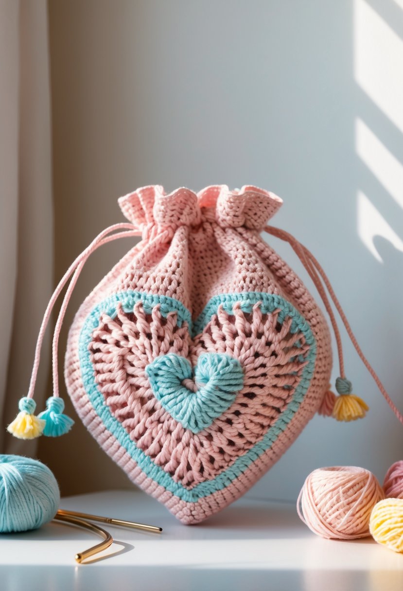 A heart-shaped crochet drawstring pouch displayed on a wooden surface with yarn and crochet hooks nearby.