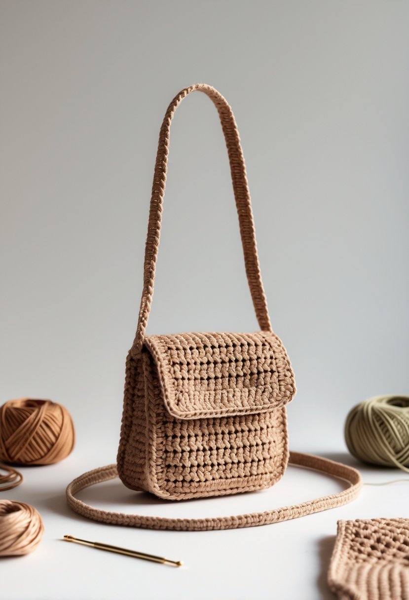 A small crochet shoulder bag displayed with yarn and crochet hooks on a plain background.