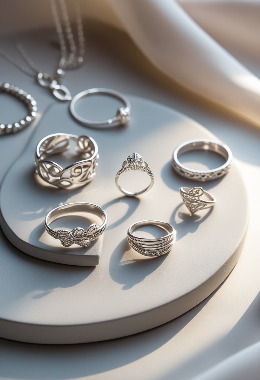 Close-up of silver rings, bracelets, and a necklace arranged on a smooth surface.