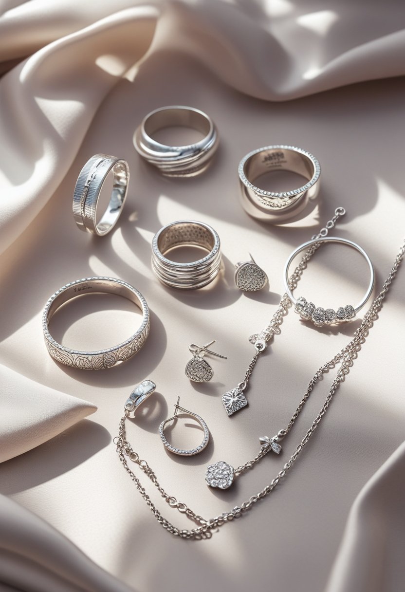 Close-up of various silver rings, bracelets, necklaces, and earrings arranged on a soft fabric background.