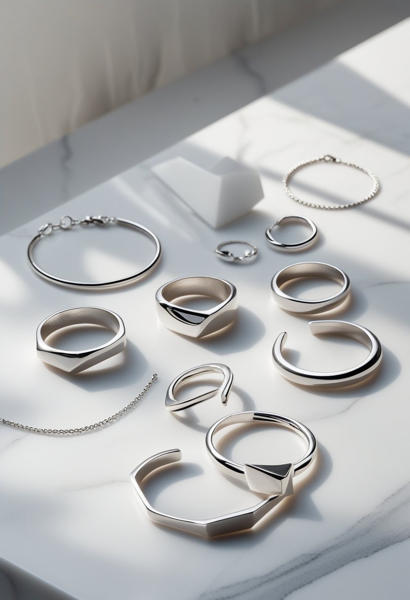 A close-up view of various silver jewelry pieces arranged on a white marble surface.