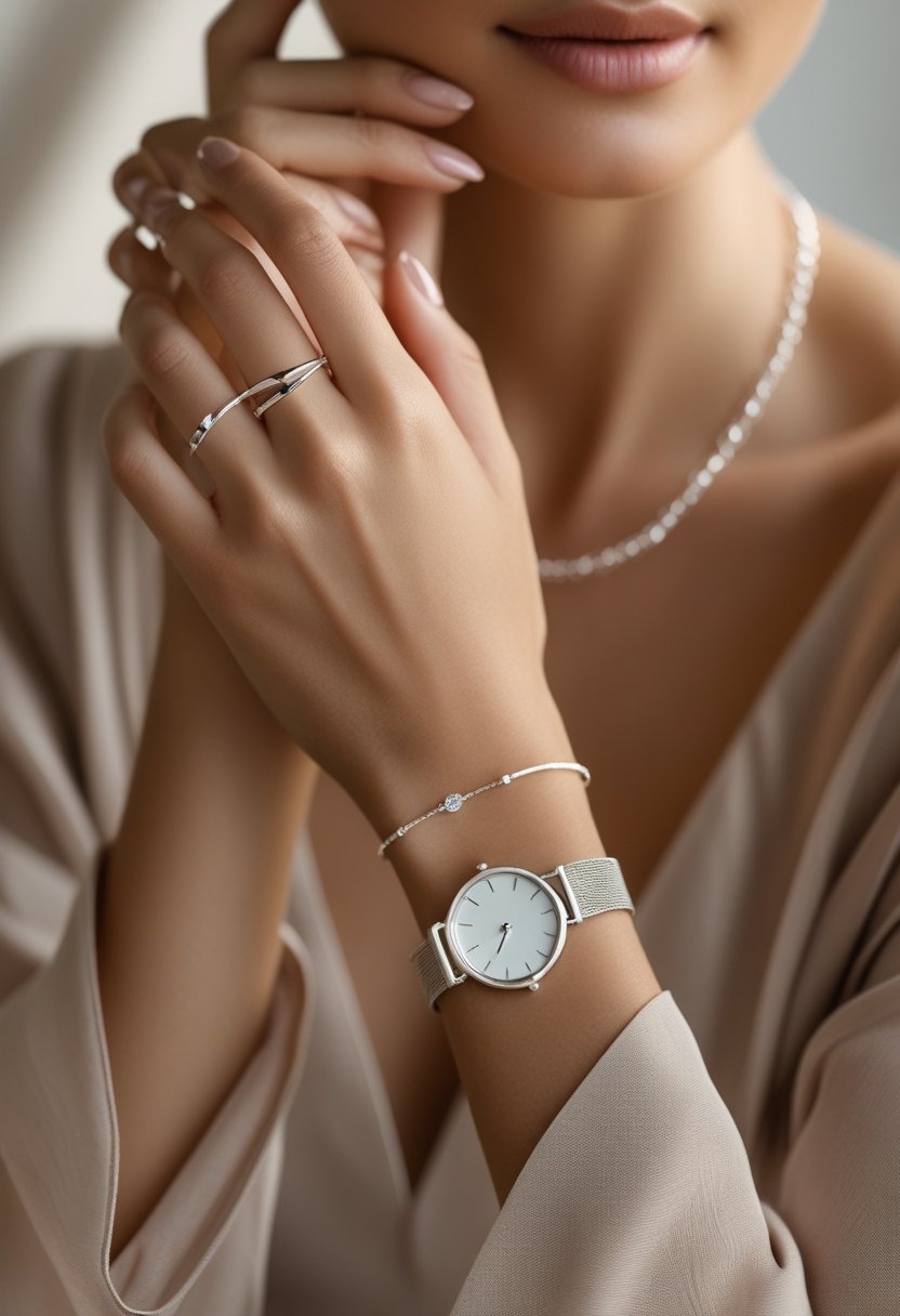 Close-up of a woman's hand and wrist wearing silver rings, a bracelet, and a watch.