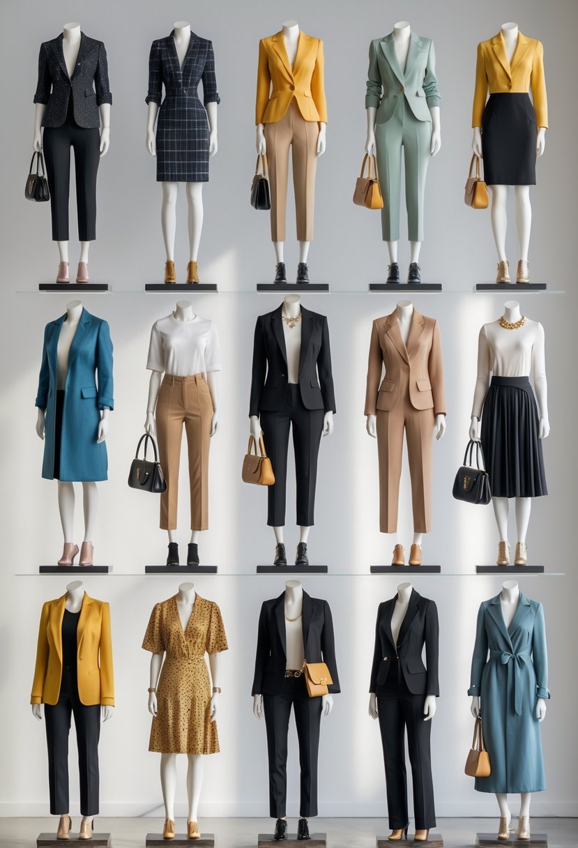 Eleven different date night outfits displayed on mannequins or models in a clean studio setting.