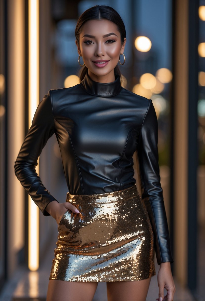 A person standing outdoors in the evening wearing a black and gold sequin mini skirt and a black faux leather top.