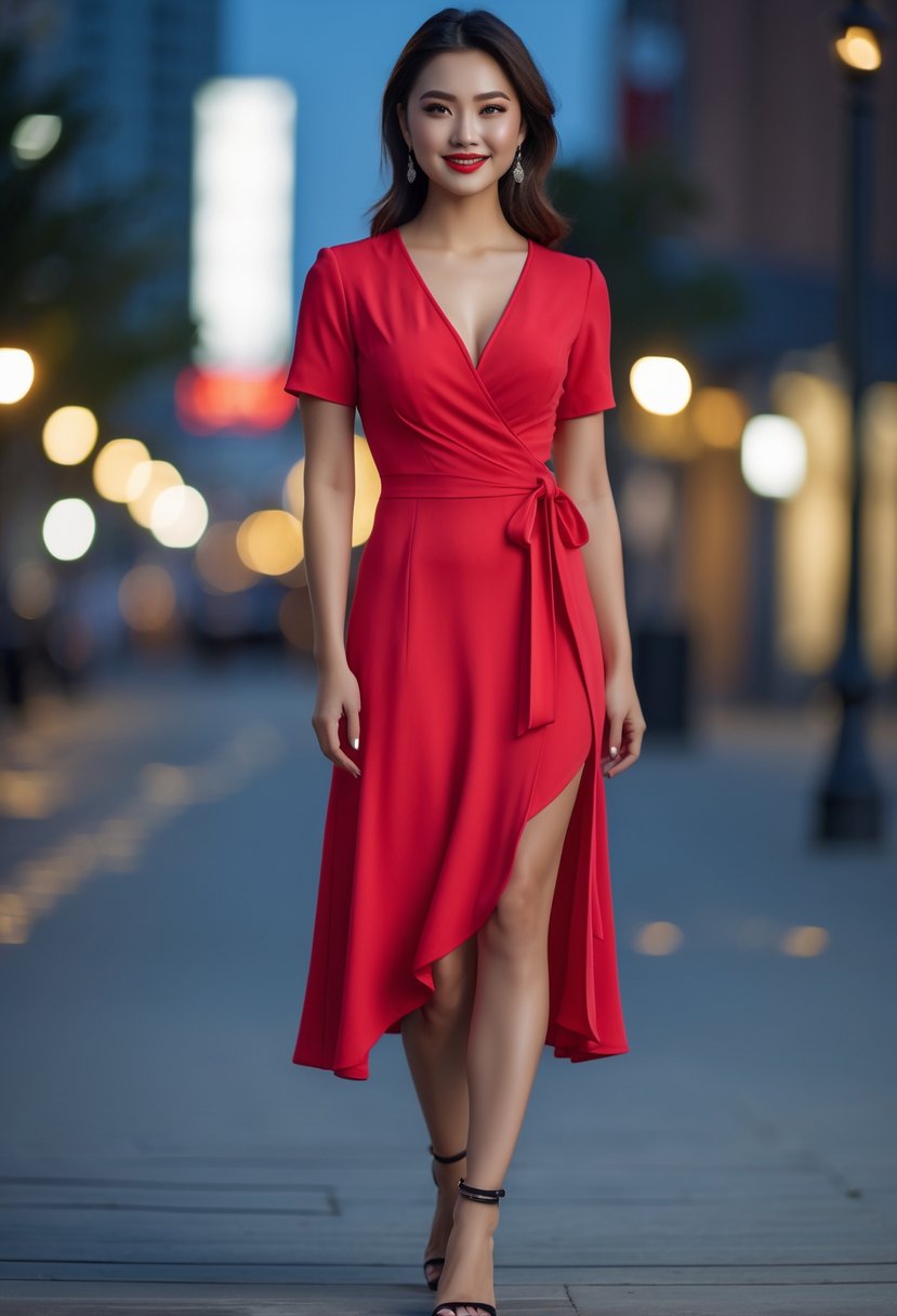 A woman stands outdoors wearing a red wrap dress and black strappy heels in an evening city setting.